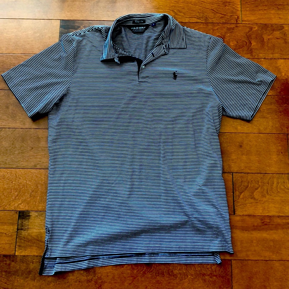 Mens Ralph Lauren Polo golf shirt. Navy and white striped. Mens large.